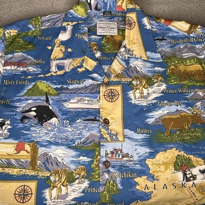 David Carey Originals Shirt Men M Blue Alaska Map Wildlife Button Up Cruise Ship