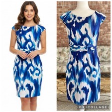 Ellen Tracy Dress 6 Ikat Blue Tie Dye Cap Sleeve Pencil Brunch Lunch garden Work