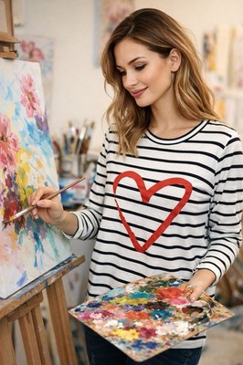 Pixie Lady Striped Heart Long Sleeve Shirt Sz S Valentine Soft Black White Red
