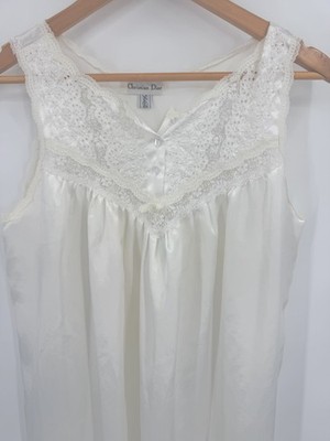 Christian Dior Vtg Saks 5th Ave White Satin Nightgown Lace Bow Eyelet *Hem Cut*
