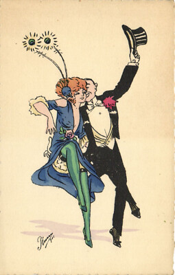 PC ARTIST SIGNED, PLUM, GLAMOUR COUPLE, Vintage Postcard (b50538)