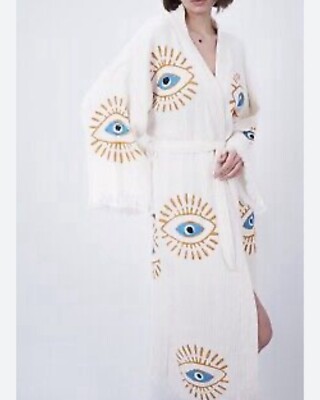 Hand Painted Bodho Evil Eye Kimono Robe Beachwear Bathrobe Boho Festival VTG OS