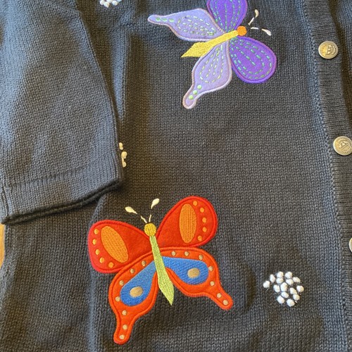 Quacker Factory Large Button Cardigan Sweater yellow blue purple bumblebees - Picture 3 of 6