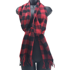 Neckworks Scarf Black Red Plaid Winter Scarf Fringe 9/70" Made In USA