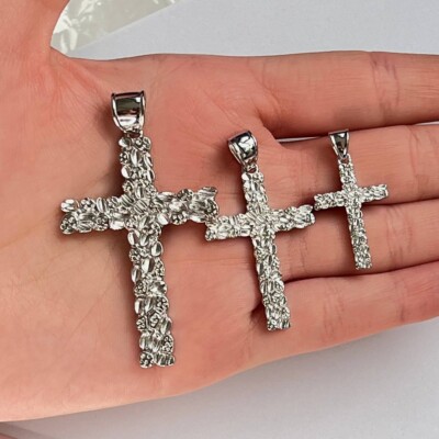 Mens Real Solid 925 Sterling Silver Nugget Cross Pendant Crucifix Necklace 