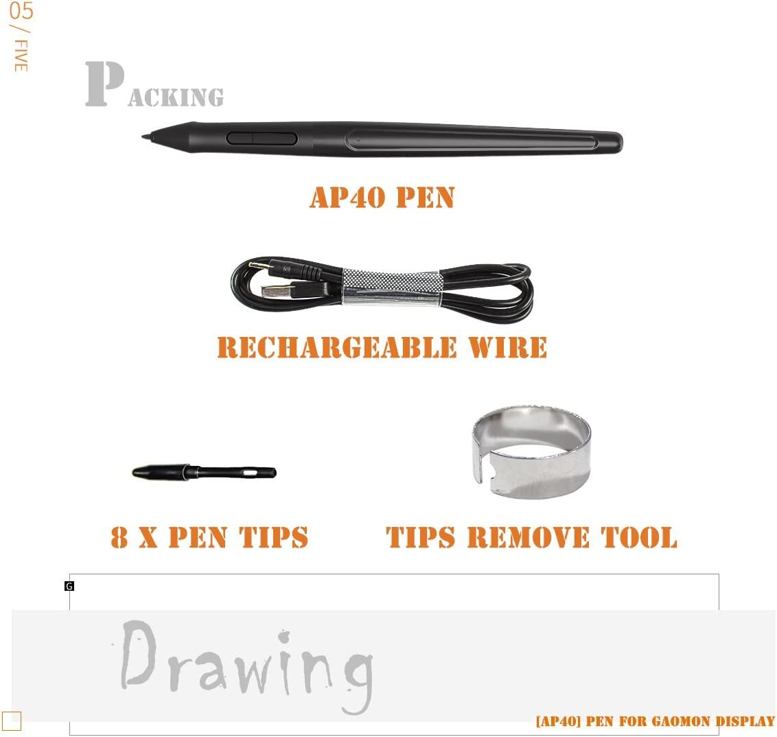 Stylet Rechargeable GAOMON AP40 - 8192 Niveaux Pression Pour Tablette Graphique Écran PD1560