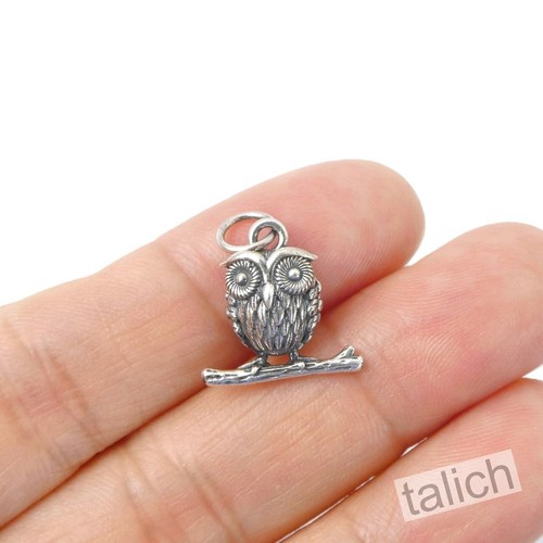925 Sterling Silver Cute Little Wide Eyes Owl On Branch Charm Pendant Unique