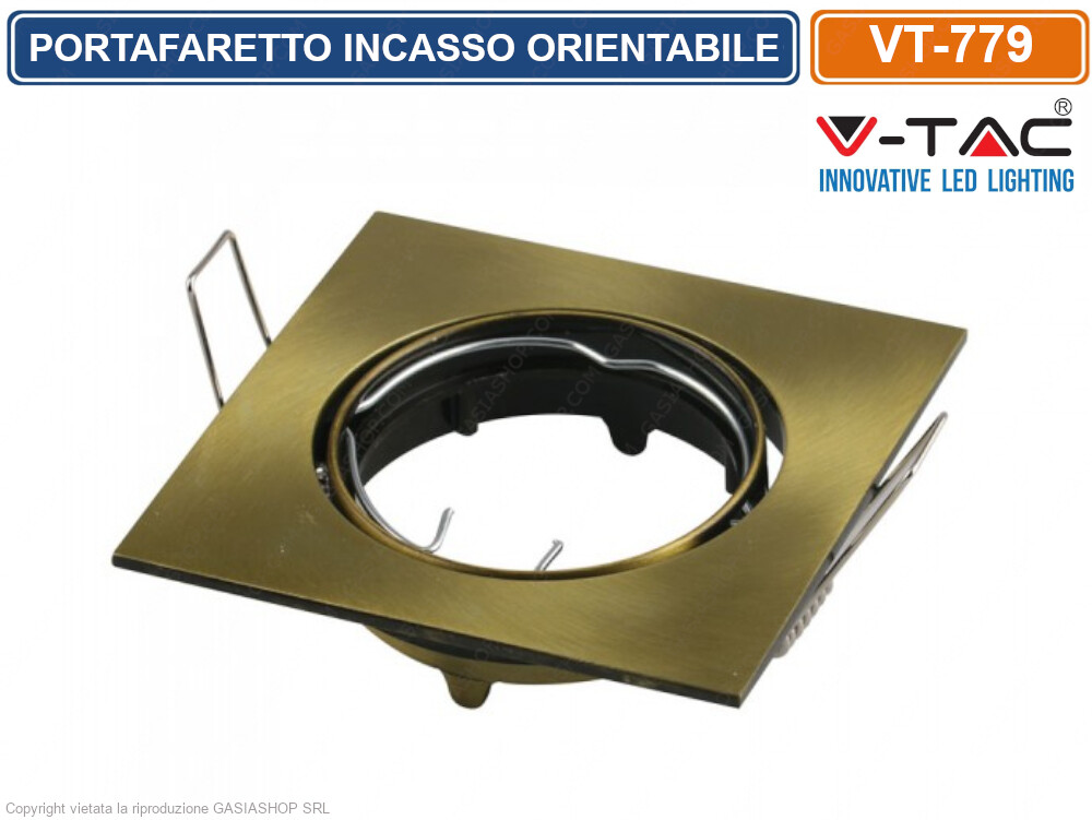 V-TAC VT-779 PORTAFARETTO ORIENTABILE QUADRATO INCASSO COLORE ORO GU10 E GU5.3
