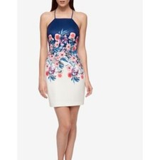 GUESS Floral-Print Open-Back Sheath Dress White Blue Size 14 NEW