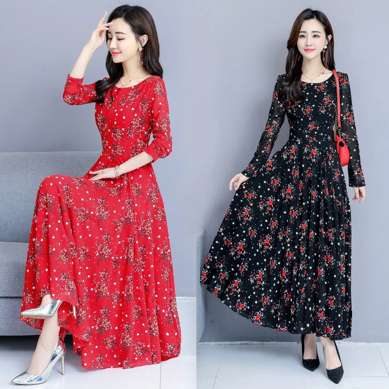 Women Dress A-Line Scoop Neck Floral Chiffon Long Sleeve Maxi Long Sundress  Chic