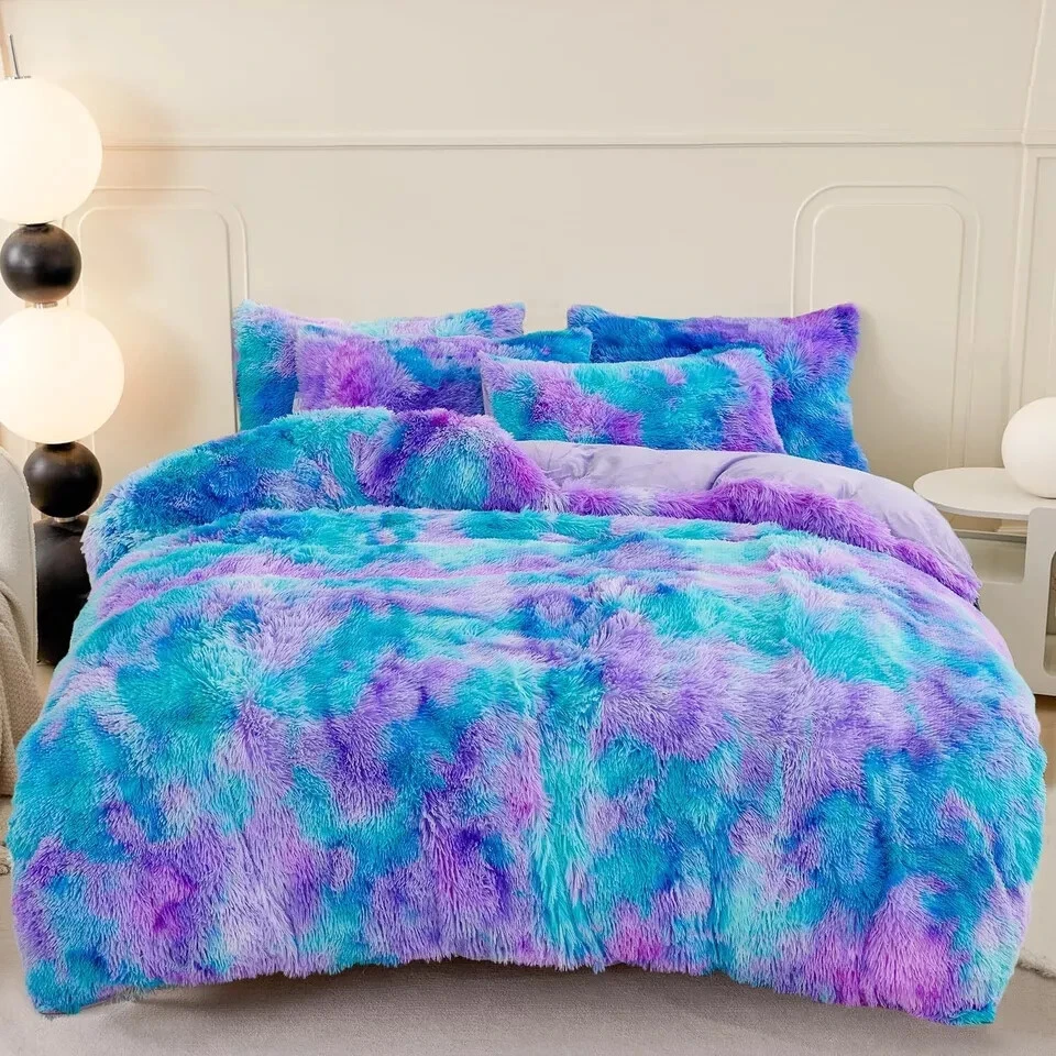 SUCSES Blue Purple Fluffy Twin Bedding Sets for Girls 3Pcs Faux Fur Plush Shaggy - Image 2 of 4