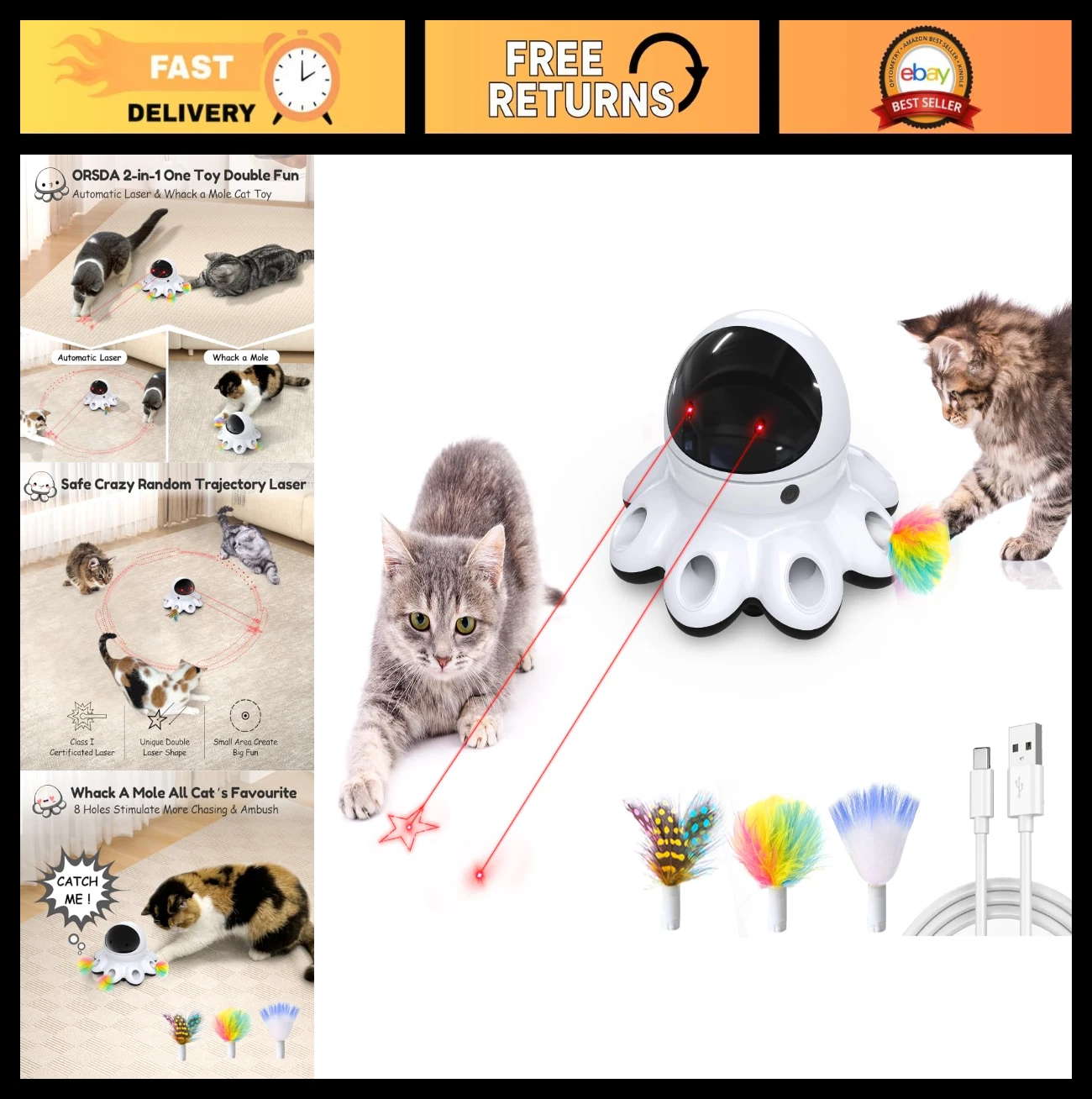Interactive Cat Laser Toy - 2-in-1 Motion Activated Whack A Mole & Feather, USB
Opens in a new windo