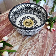 Black White Moroccan Sink Hand Painted Ceramic Basin Floral Design