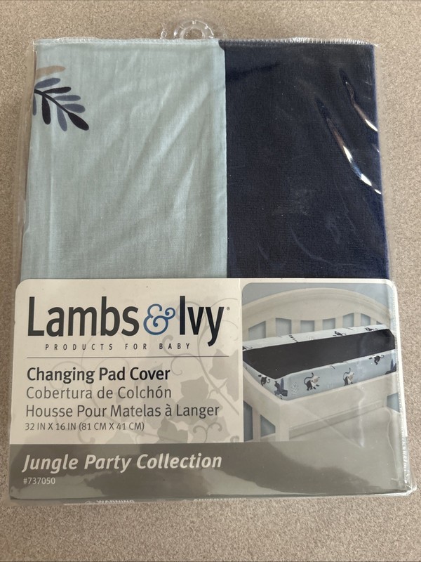 Lambs & Ivy Jungle Party Changing Pad Cover Navy And Light Blue Monkey Leaves