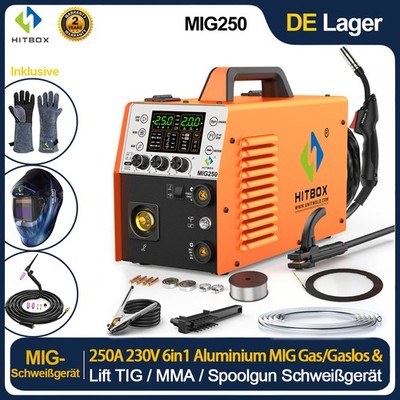HITBOX 6in1 Aluminium MIG Schweißgerät Gas/Gaslos 250A 220V TIG ARC Spool Gun DE