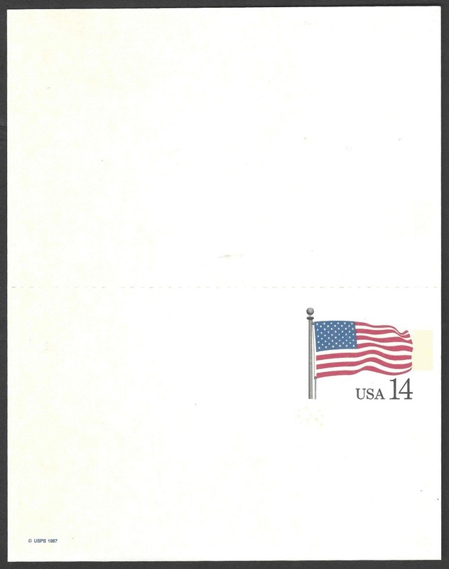 US Scott #UY38 14¢+14¢ Flag Unsevered Postal Reply Card never folded MNH - 1987