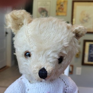 Vintage 1950s White Mohair Character Novelty Co. Teddy Bear with dress 13in VGC