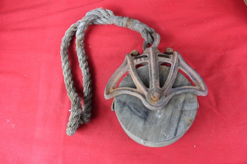 Antique Cast Iron Barn Pulley 5" Wood Wheel Vintage Farm Decor