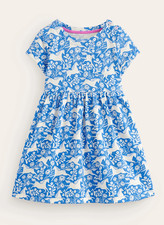 Mini Boden - Blue Peacock Plume Horses Short Sleeve Fun Jersey Dress, Size 5-6
