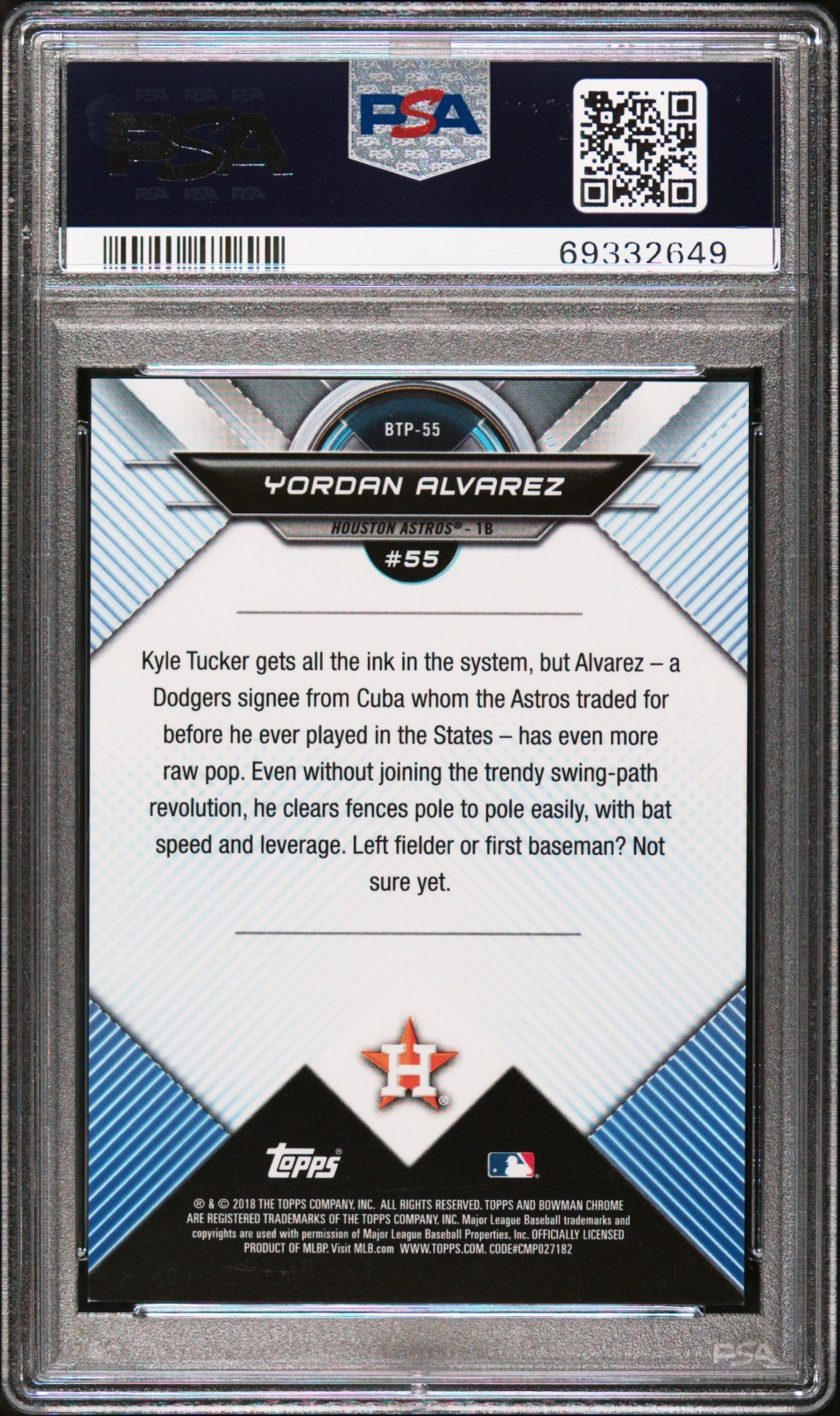 2018 BOWMAN SCOUTS' TOP 100 CHROME GOLD REFRACTOR #d /50 YORDAN ALVAREZ PSA9 RC view 2