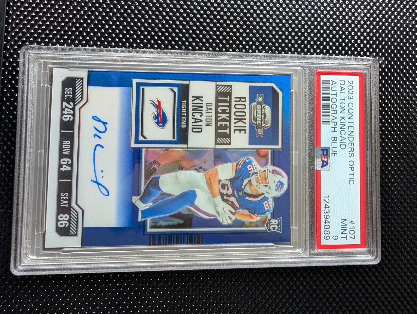 2023 Contenders Optic Rookie Ticket #107 DALTON KINCAID Blue Auto 04/75 PSA 9