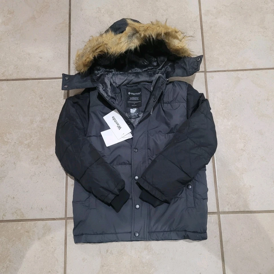 Abrigo de invierno Wantdo para niños talla 8 acolchado chaqueta aislante capucha de piel gris negro Foto 3 de 4