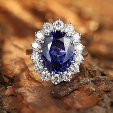 Oval Cut 18K White Gold 8.40Ct Natural Blue Sapphire Diamond Wedding Ring Size 7