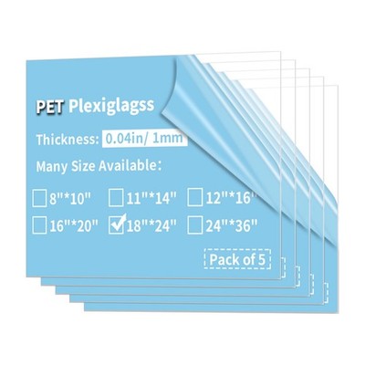 5 Pack 18x24 PET Plexiglass Sheets 0.04'' Thick Clear Plexiglass Panels Transp...