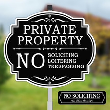 No Soliciting Sign for House with Metal Stake, 12" X 28" Private Property No Tre