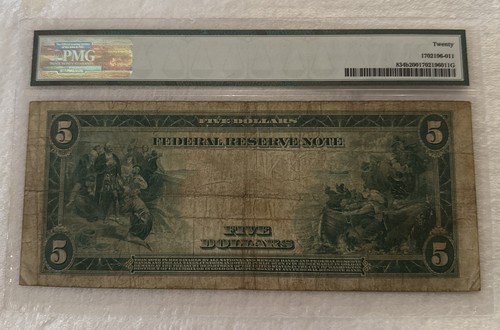 1914 $5 Federal Reserve Note Philadelphia Red Seal Large Note PMG 20 very fine - Picture 2 of 8