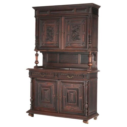 Antique French Renaissance Carved Oak Court Cupboard with Foliate Elements C1900