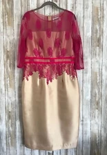 TALLY TAYLOR Beige Nude Pink Overlay Lace Fitted Dress 10 M L VINTAGE VTG RARE* 