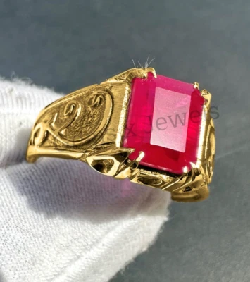 14k Yellow Gold Plated 925 Sterling Silver with Natural Ruby Gemstone Men's Ring