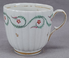 Coalport Hand Painted Pink Flowers & Green Leaf Scrolls Coffee Cup C. 1780-1800