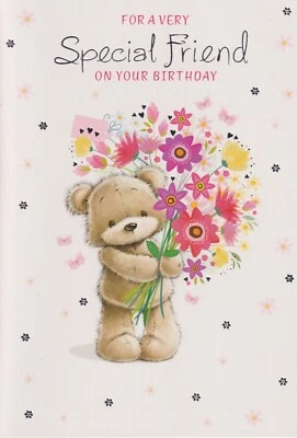 SIMON ELVIN SPECIAL FRIEND FEMALE BIRTHDAY GREETING CARD 7"X5" CUTE BEAR WITH FLOWERS