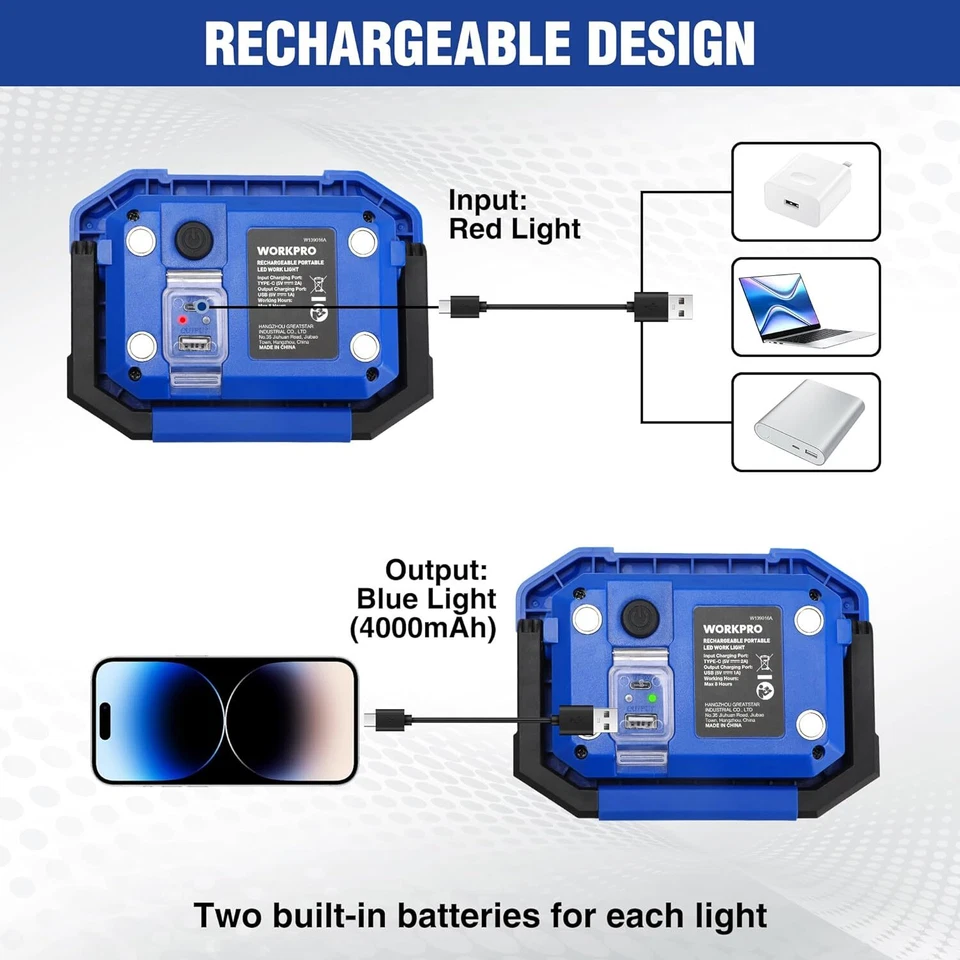 WORKPRO LED Work Light Rechargeable Magnetic with Stand 2 Pack 4Modes 2000LM COB - Image 4 of 4