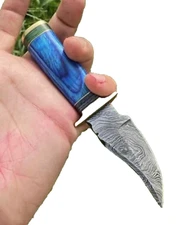 Handmade Damascus Blade Mini Skinner knife Blue Wood Handle