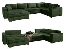 Wohnlandschaft U-Form Sofa Schlaffunktion Couch Bettkasten Cord in Grün