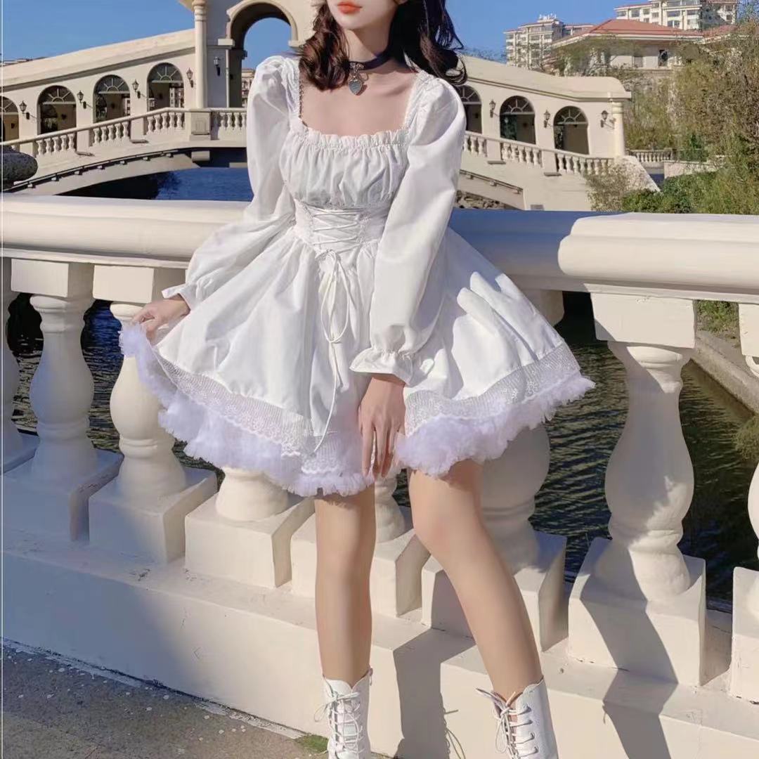 Women Retro Gothic Lolita Cute Dress Girl Ruffle White Puff Sleeve