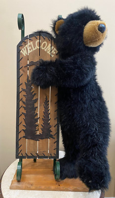 RARE DAN DEE BLACK BEAR WELCOME DISPLAY HOLDING SLED WOODEN STAND 40  