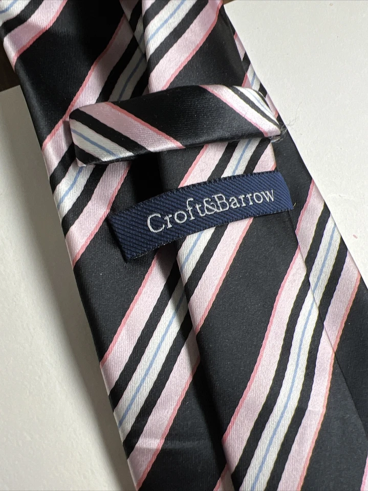 Corbata/corbata Croft&Barro negro/rosa/blanco/azul rayas poliéster 58”x4” Foto 4 de 4
