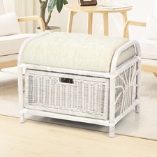 Krit Ottoman Rattan Wicker Handmade Stool Pouf  w/Basket w/Cushion, White