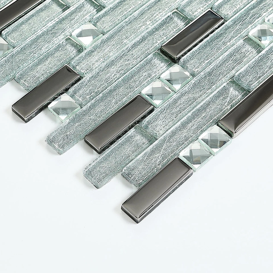 11 PCS Glitter Backsplash Tile Silver Metallic Glass Linear Mosaic Wall Tiles - Image 3 of 4