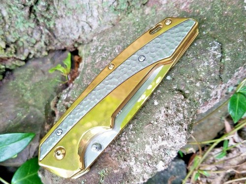 Gold Titanium Hammered Pocket Knife Blade Thumb Stud LinerLock EDC - Picture 9 of 10