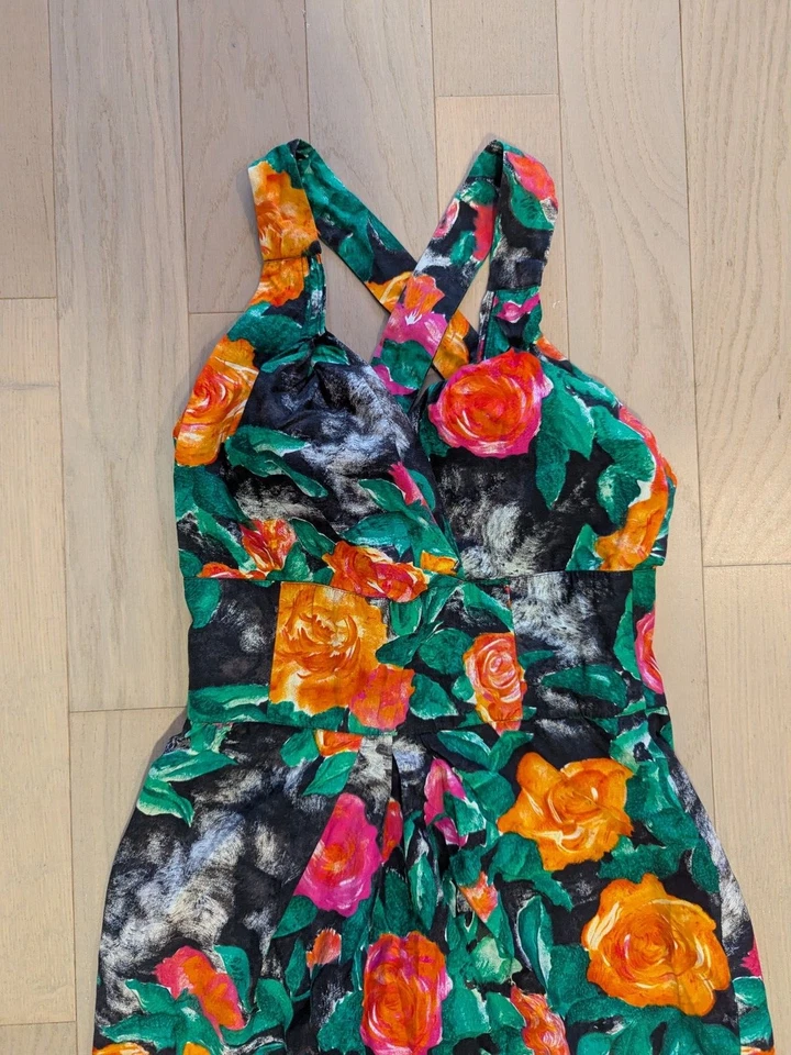 Vintage 80s Dior Floral Dress Sz42 L/XL Midi Colorful Paris Sleeveless Authentic - Image 4 of 4