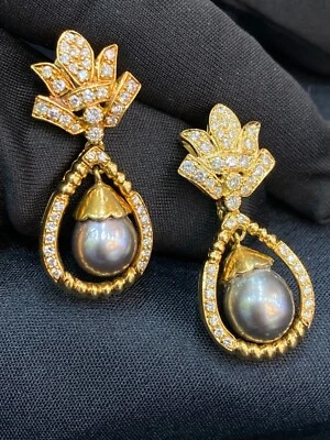 Pave 23,70 Cts Runde Brilliant Diamanten Perle Baumeln Ohrringe In 18K Gelbgold - Bild 1 von 4