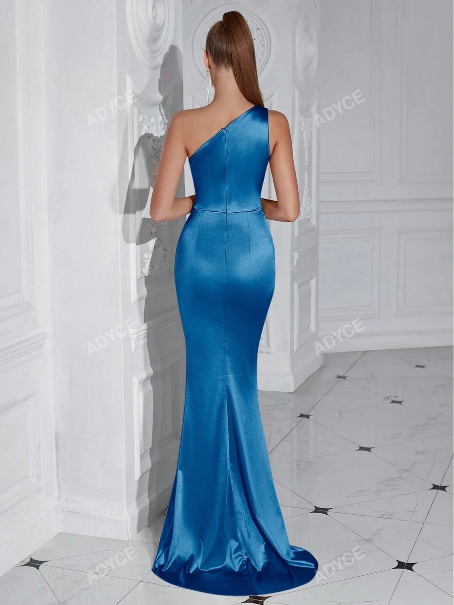 adyce one shoulder dress ADYCE ADYCE Women's One Shoulder Pleated High Slit Cocktail Party Long  Dress For