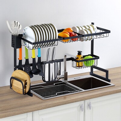 Over Sink Dish Drying Rack 2-Tier Drainer Shelf Cutlery Utensil