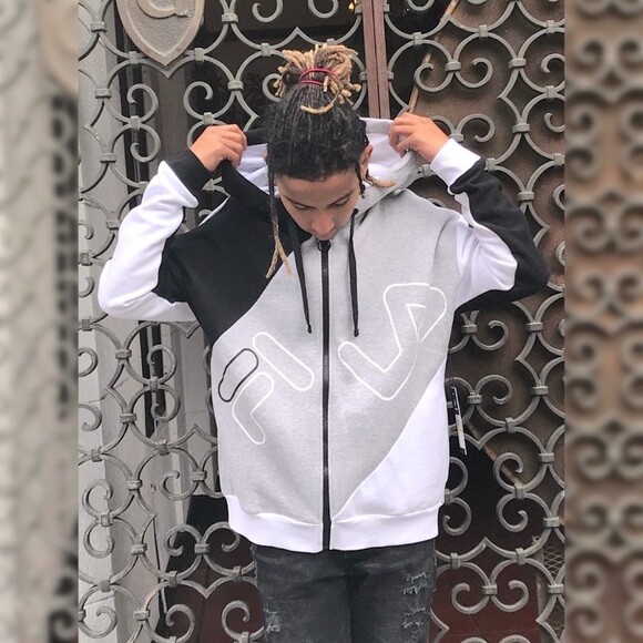 Felpa con cappuccio e zip intera in pile da uomo Fila Grigio Nero Bianco