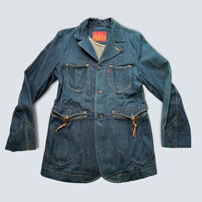 Levis Red Dark Blue Denim Jean Engineered Chore Coat Jacket Blazer 